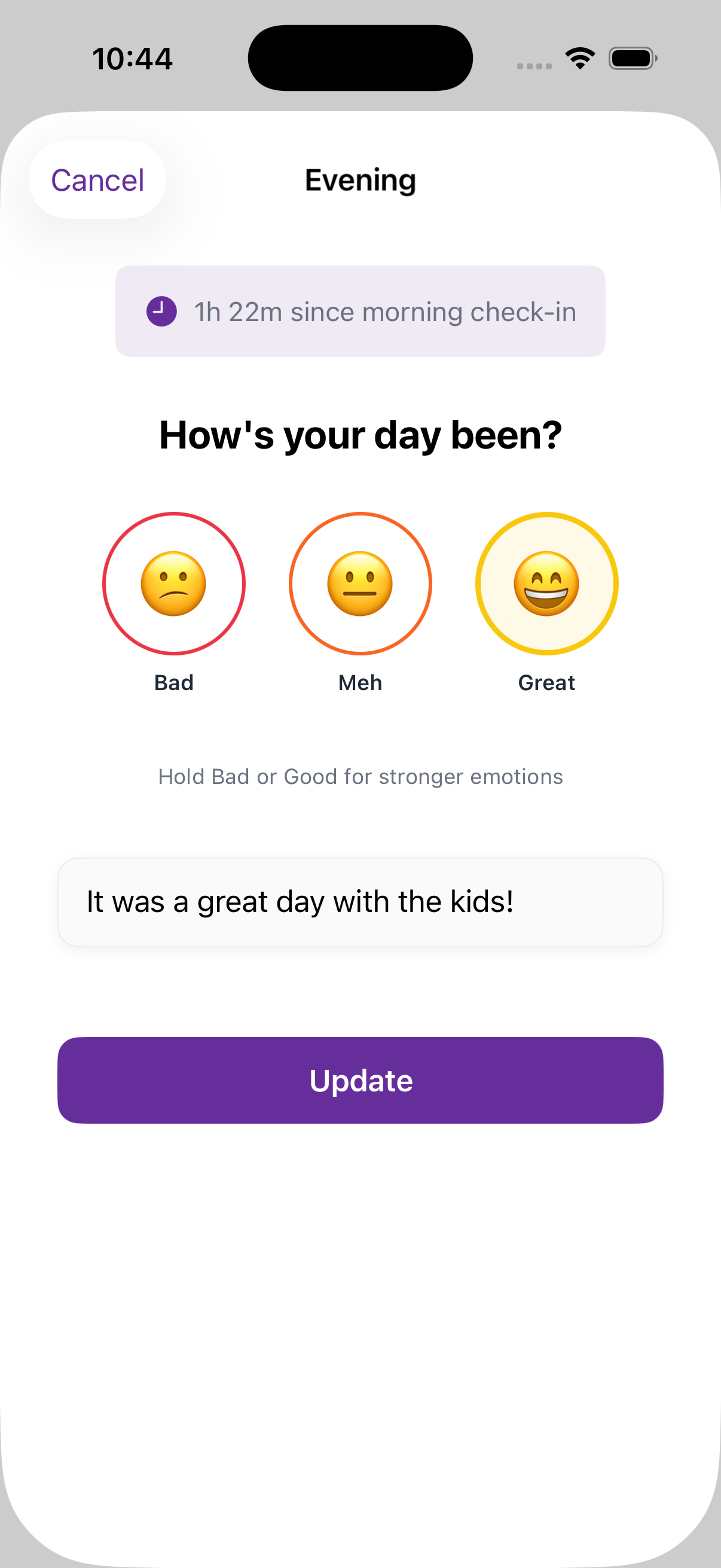 Evening check-in modal with mood selection and optional note