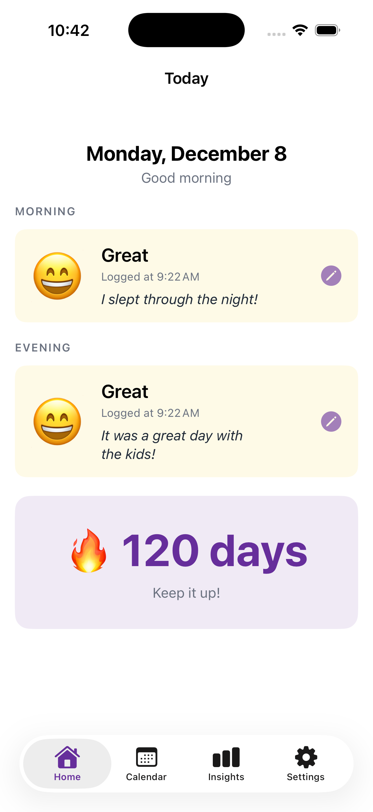 BOMDUO Home Screen showing today's mood check-ins and streak counter