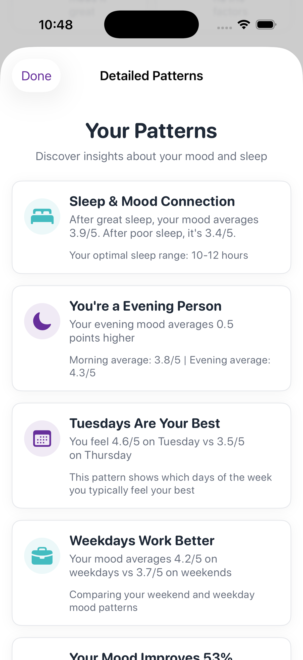 Detailed patterns view showing sleep-mood correlation and day-of-week trends