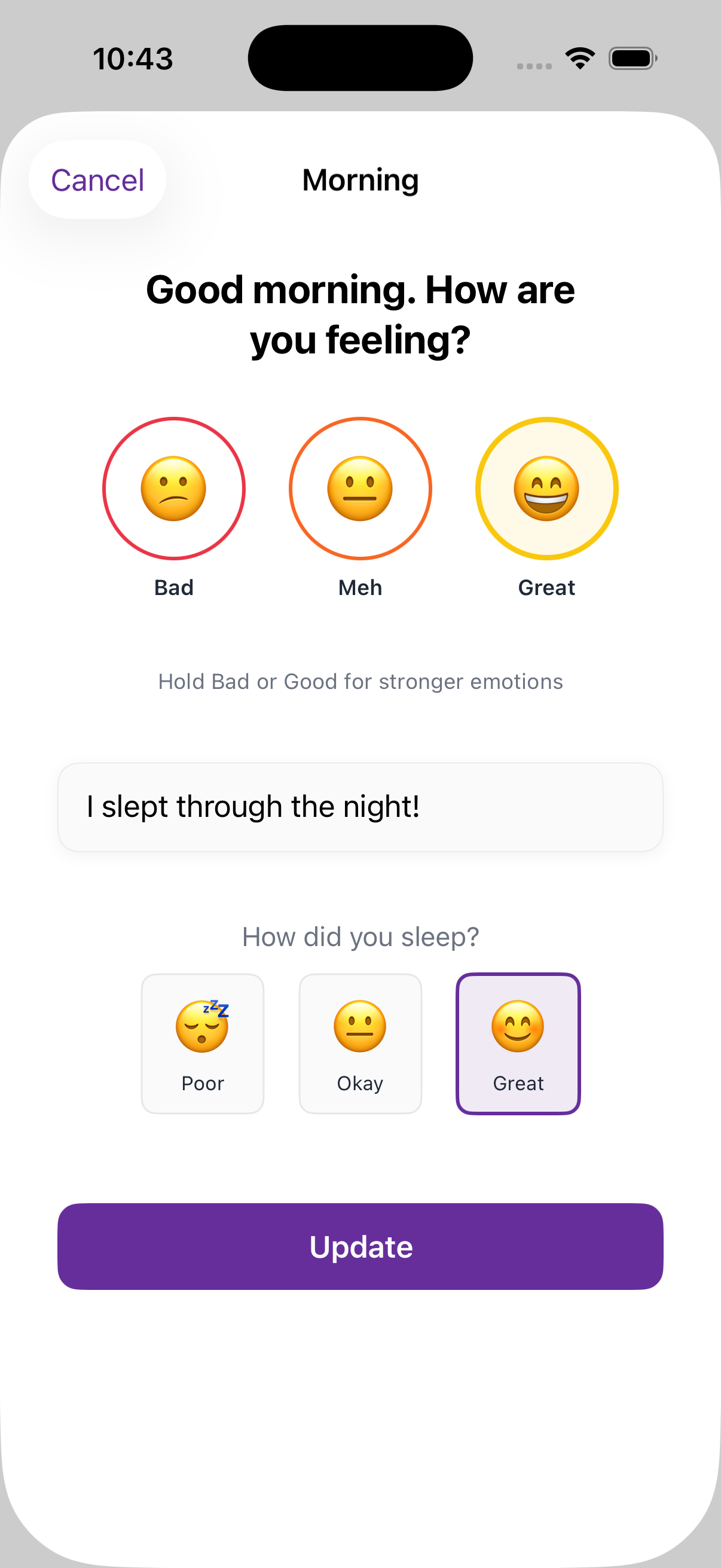 Morning check-in modal with mood selection and sleep quality rating